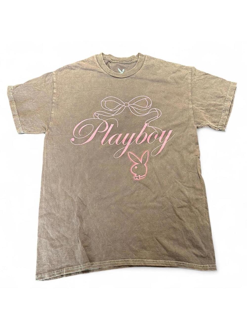 Playboy Brown Graphic T-Shirt with Pink Logo and Bow Detail, Size M